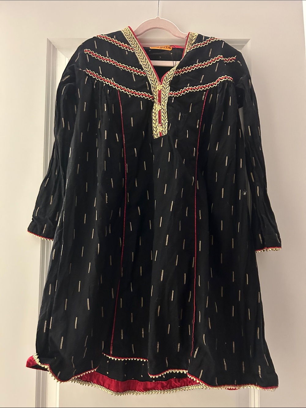 Black Embroidered Boho Tunic with Gold and Red Accents